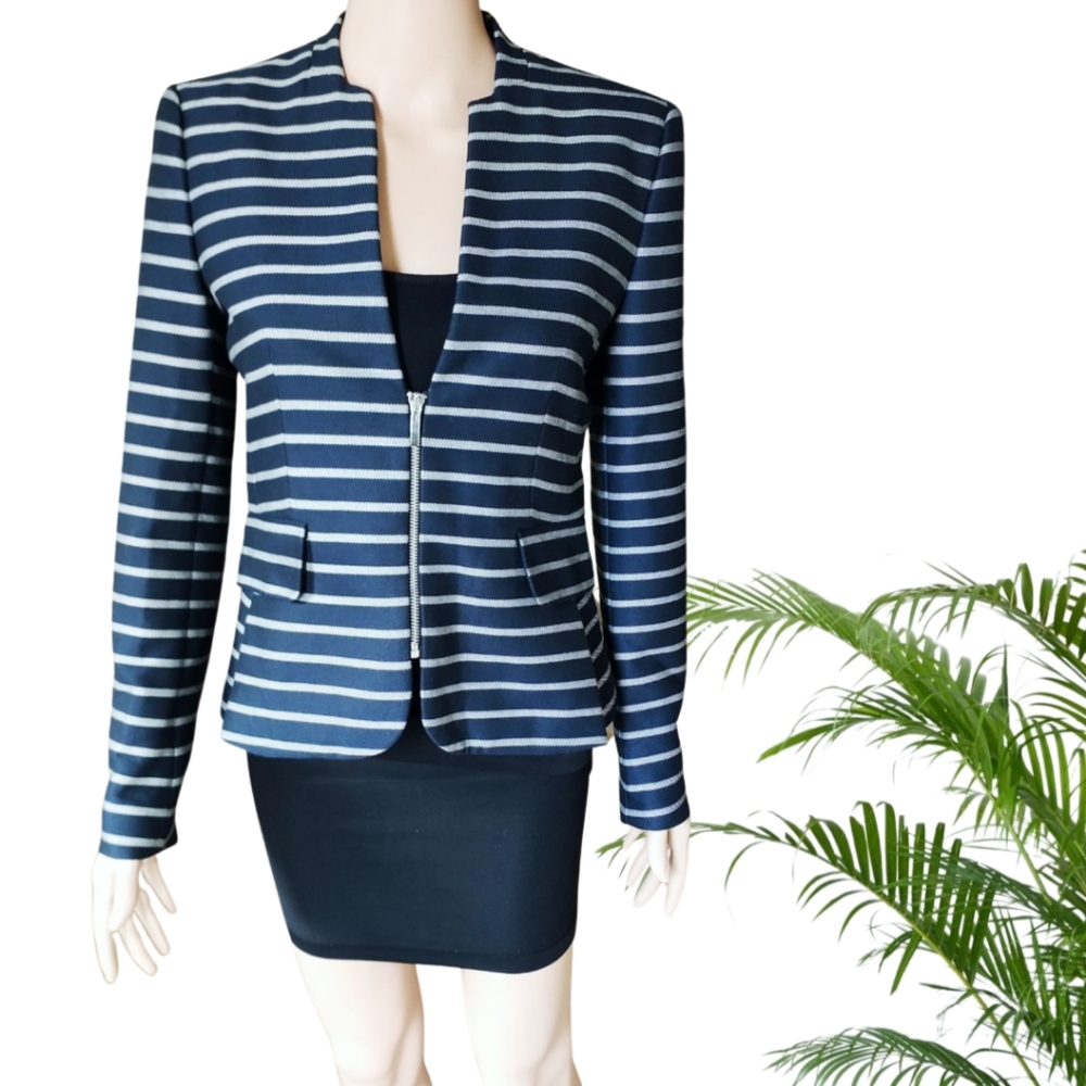ZARA Women's navy blue and white Striped Zipper blazer Size M